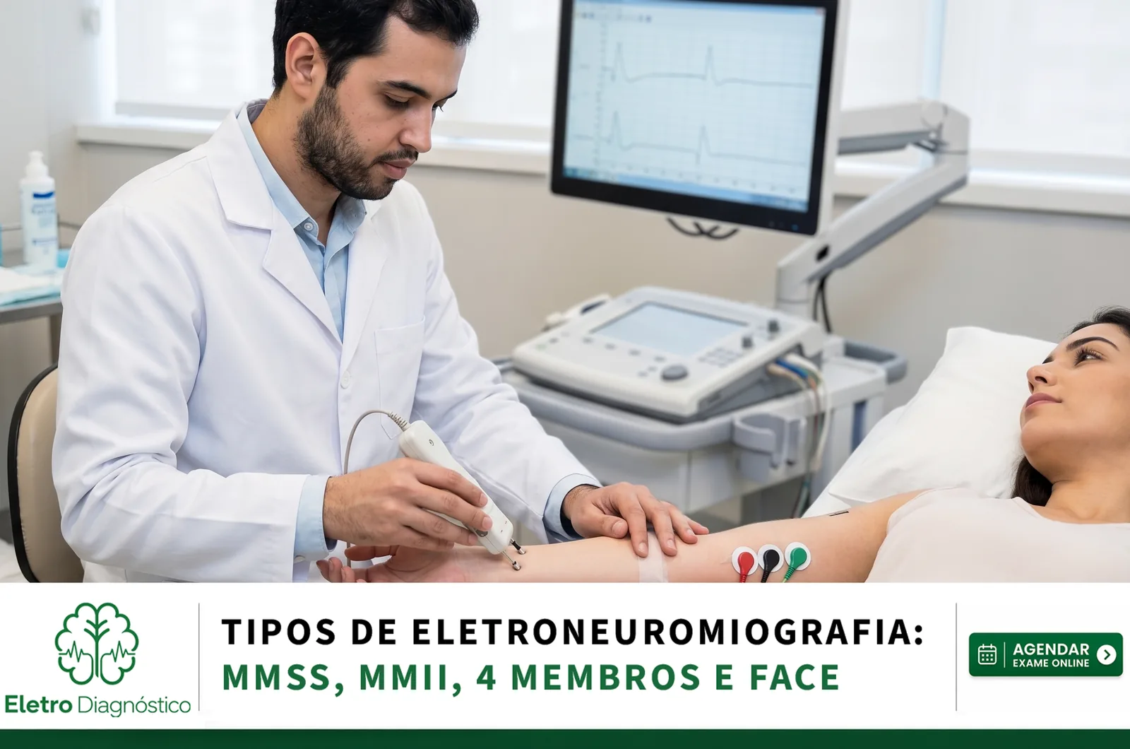 Médica aplicando estímulos de baixa intensidade em paciente acordado, explicando por que não se usa anestesia na eletroneuromiografia