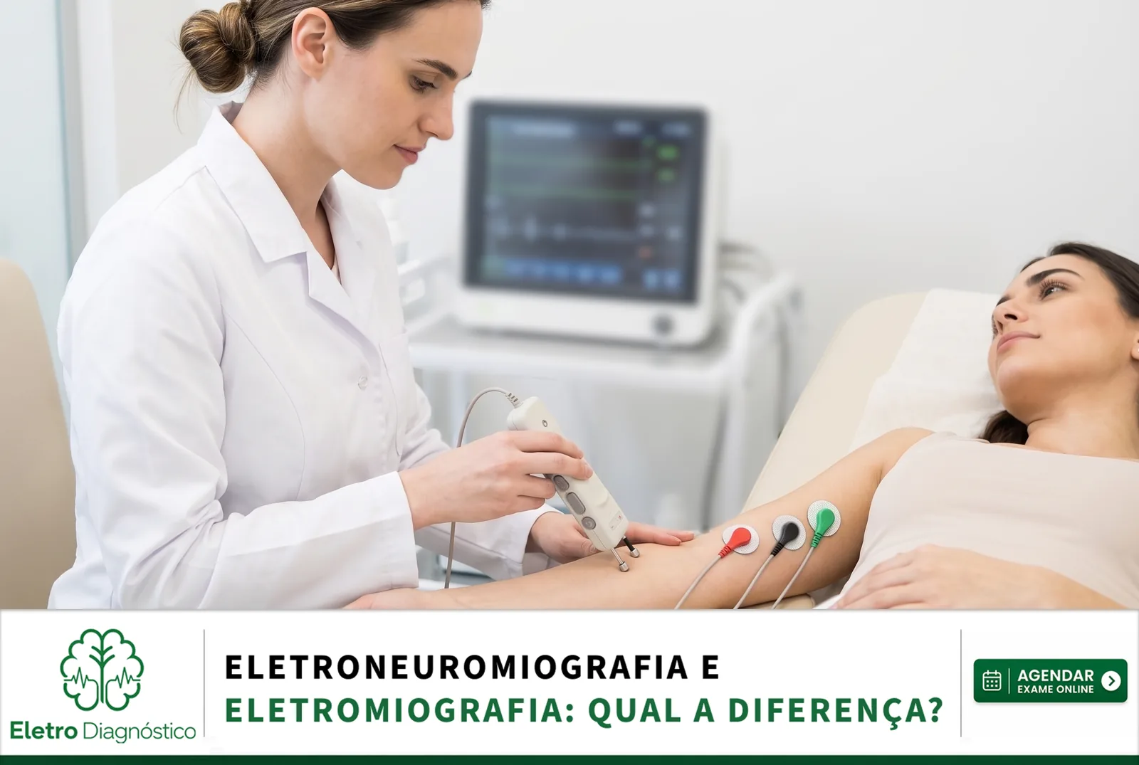 Médica neurofisiologista realizando condução nervosa e eletromiografia com agulha, ilustrando a diferença entre os dois exames no mesmo procedimento