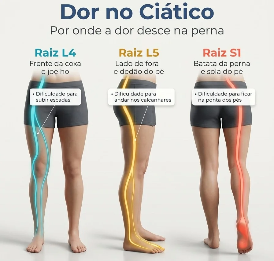 Infográfico médico mostrando por onde a dor no nervo ciático desce na perna de acordo com as raízes L4, L5 e S1: frente da coxa, lateral da perna e panturrilha até o pé