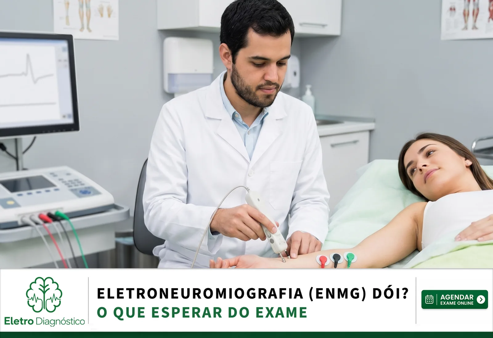 Médico ajustando com cuidado os estímulos na pele do paciente, demonstrando a sensibilidade e explicando se a eletroneuromiografia dói