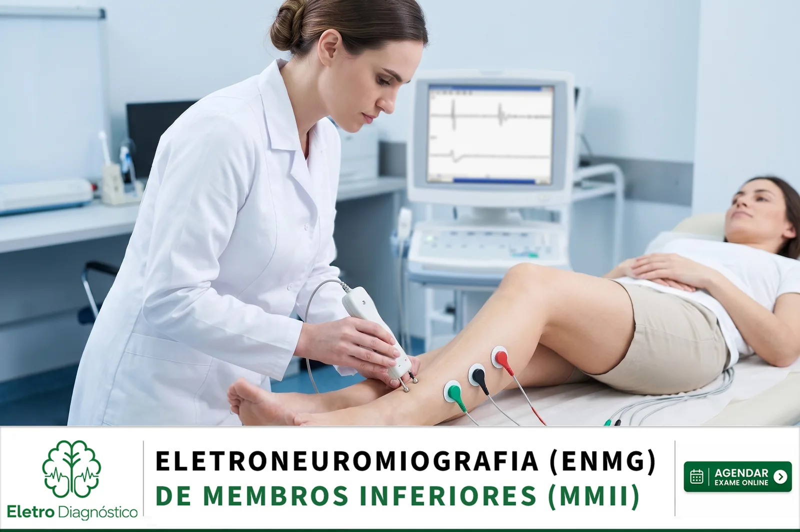 Médico posicionando eletrodo na perna de paciente durante eletroneuromiografia de membros inferiores
