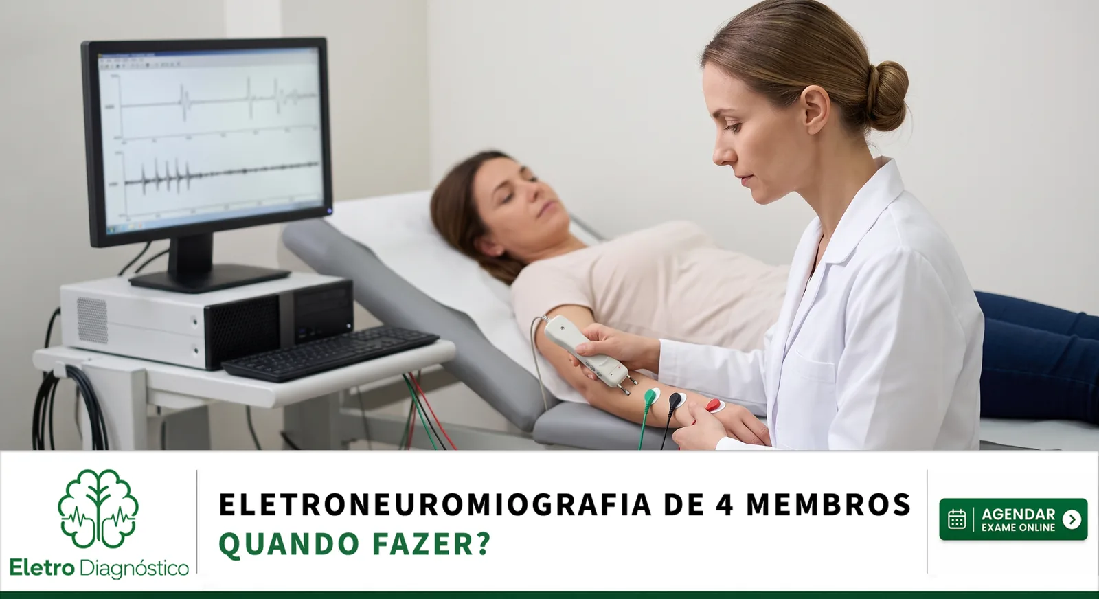 Paciente deitado em maca com eletrodos em braços e pernas para eletroneuromiografia de quatro membros