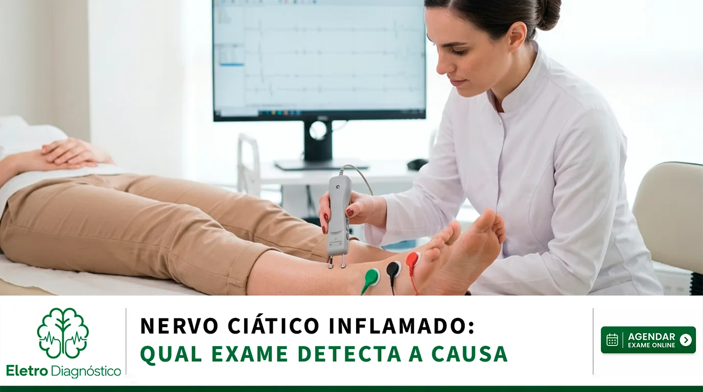 Médica especialista realizando eletroneuromiografia de membros inferiores para investigar nervo ciático inflamado