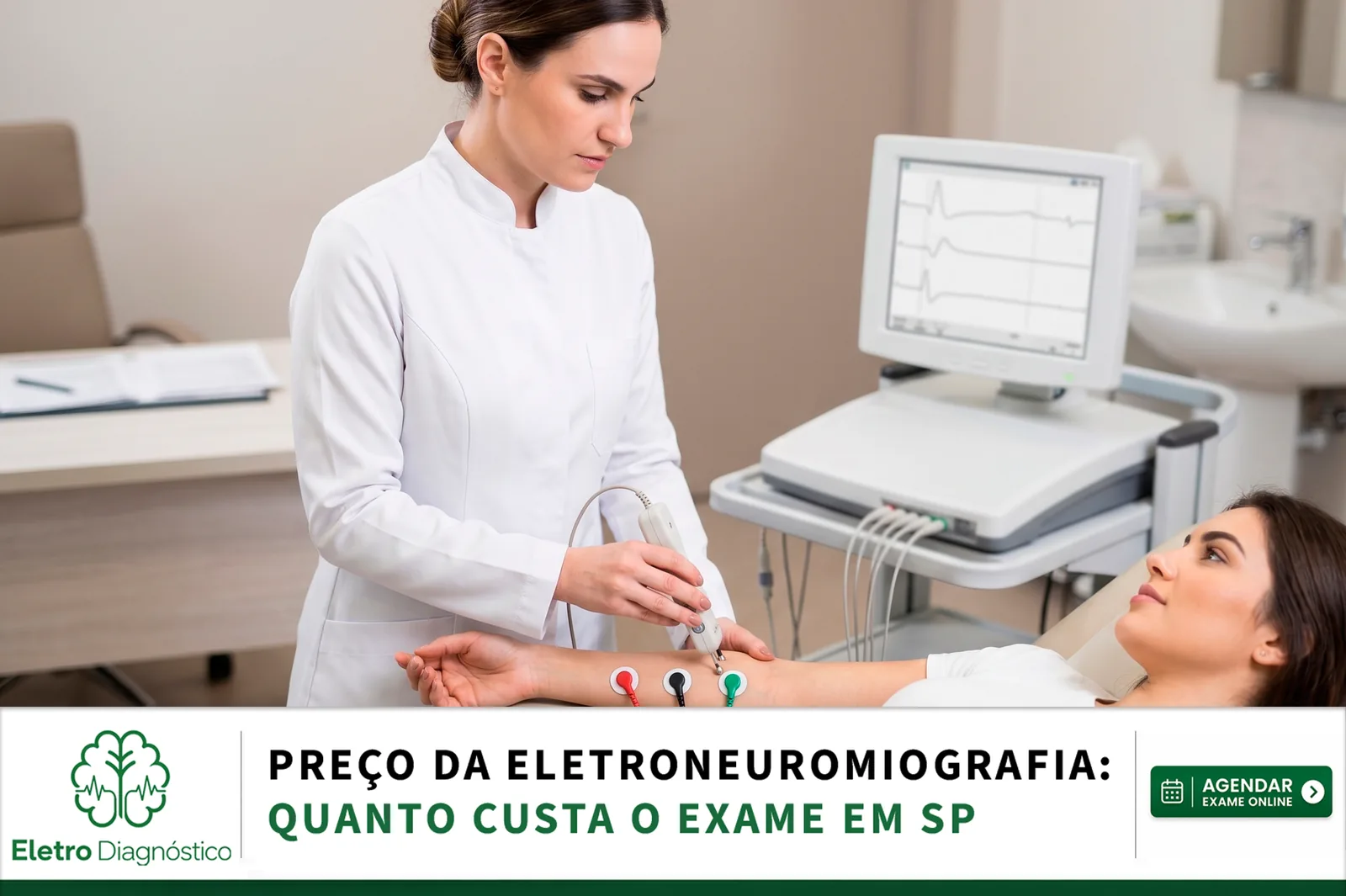 Médica especialista realizando eletroneuromiografia em paciente, demonstrando a complexidade que define o preço e valor do exame particular em São Paulo
