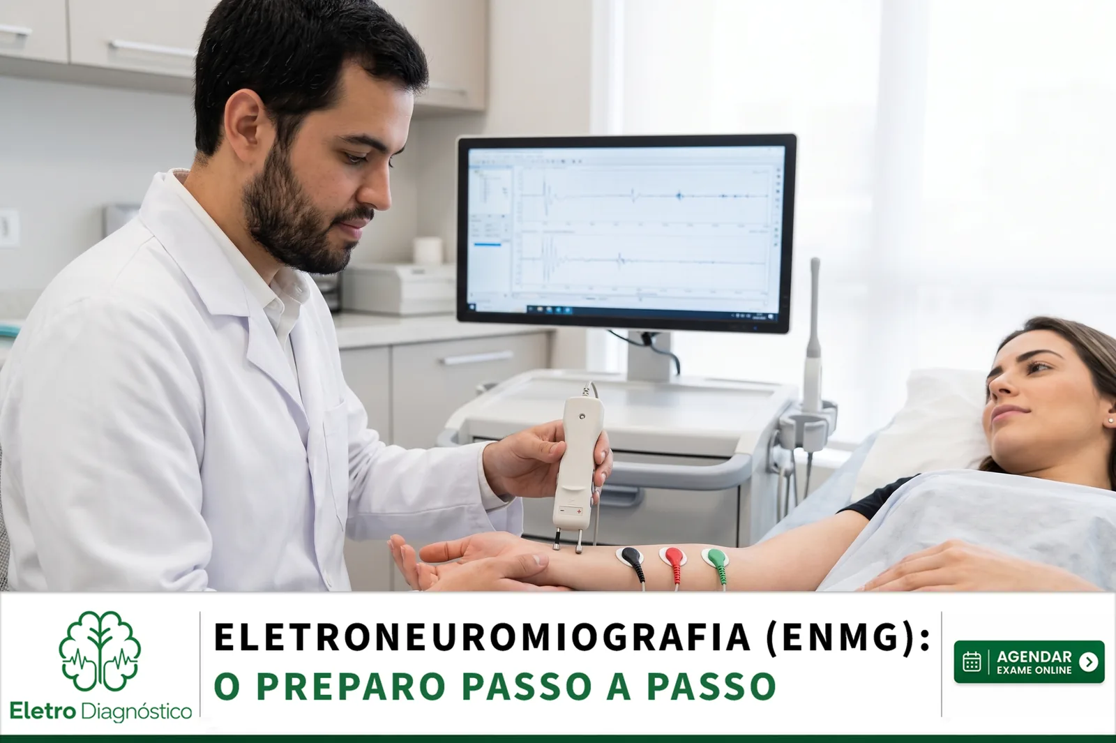 Médica iniciando o exame em paciente com pele limpa e sem hidratantes, seguindo as recomendações de preparo para eletroneuromiografia