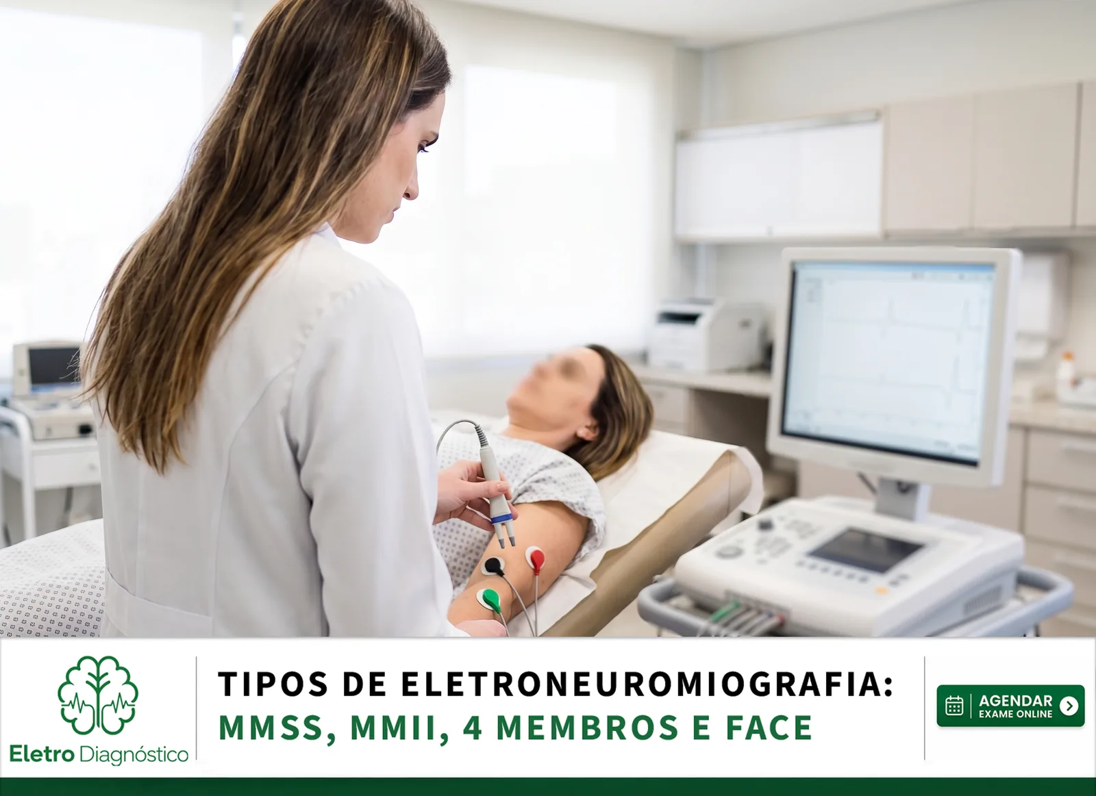 Médico especialista demonstrando a técnica de estímulos elétricos nos membros durante a execução de diferentes tipos de eletroneuromiografia